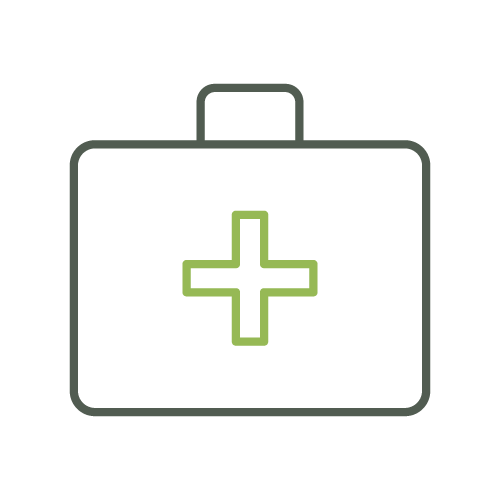 A white first aid kit icon with a green cross on the front, set against a transparent background. Simple medical symbol representation.