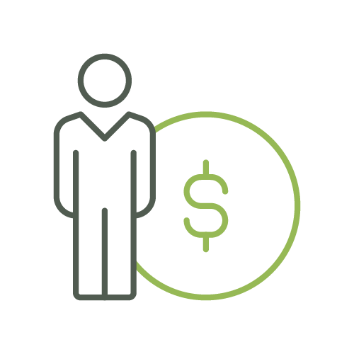 A simplified icon depicting a person standing next to a large dollar sign inside a circle, symbolizing financial concepts or economics.