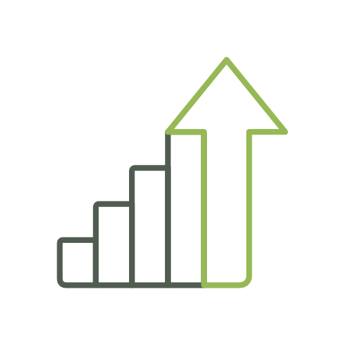 An animated illustration shows a bar chart with four ascending bars and a large upward-pointing arrow, symbolizing growth or increase.