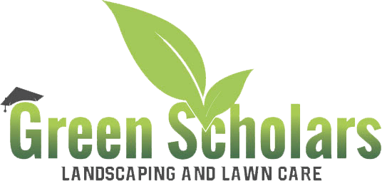 Logo for "Green Scholars Landscaping and Lawn Care" featuring green leaves and a small graduation cap on the letter "G."