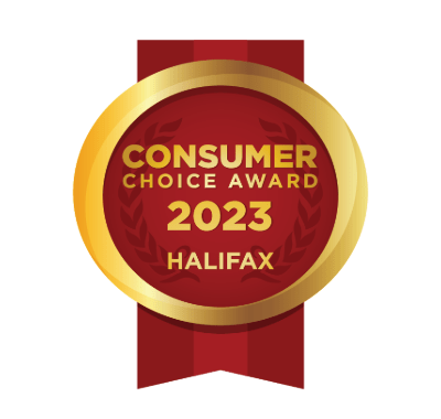 The image shows a Consumer Choice Award 2023 badge for Halifax, featuring a gold circle with a red ribbon background.