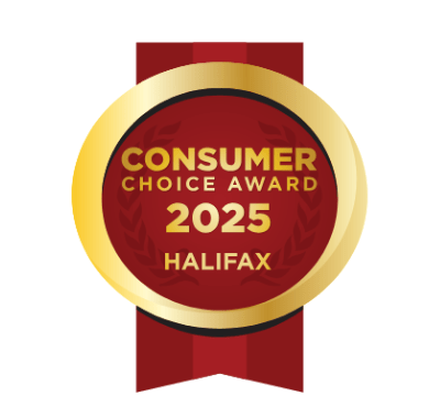 A circular badge featuring "Consumer Choice Award 2025 Halifax" text on a red background, surrounded by a gold border with laurel accents.