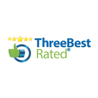 ThreeBest Rated logo with a green thumbs up, blue circle, and five gold stars above the text "ThreeBest Rated."