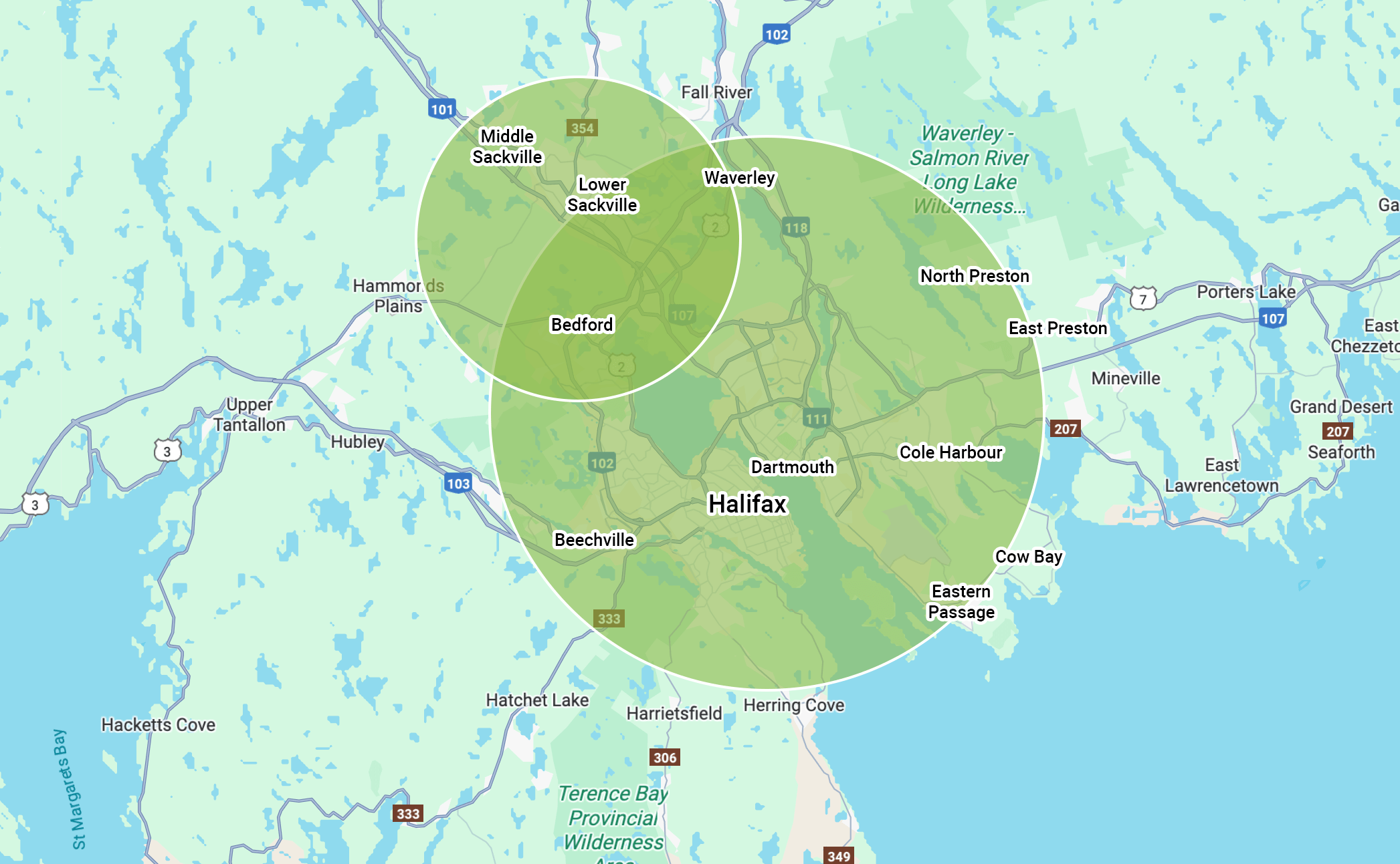Map of Halifax area showing neighborhoods like Bedford, Dartmouth, and Cole Harbour, with highlighted regions and major roads.