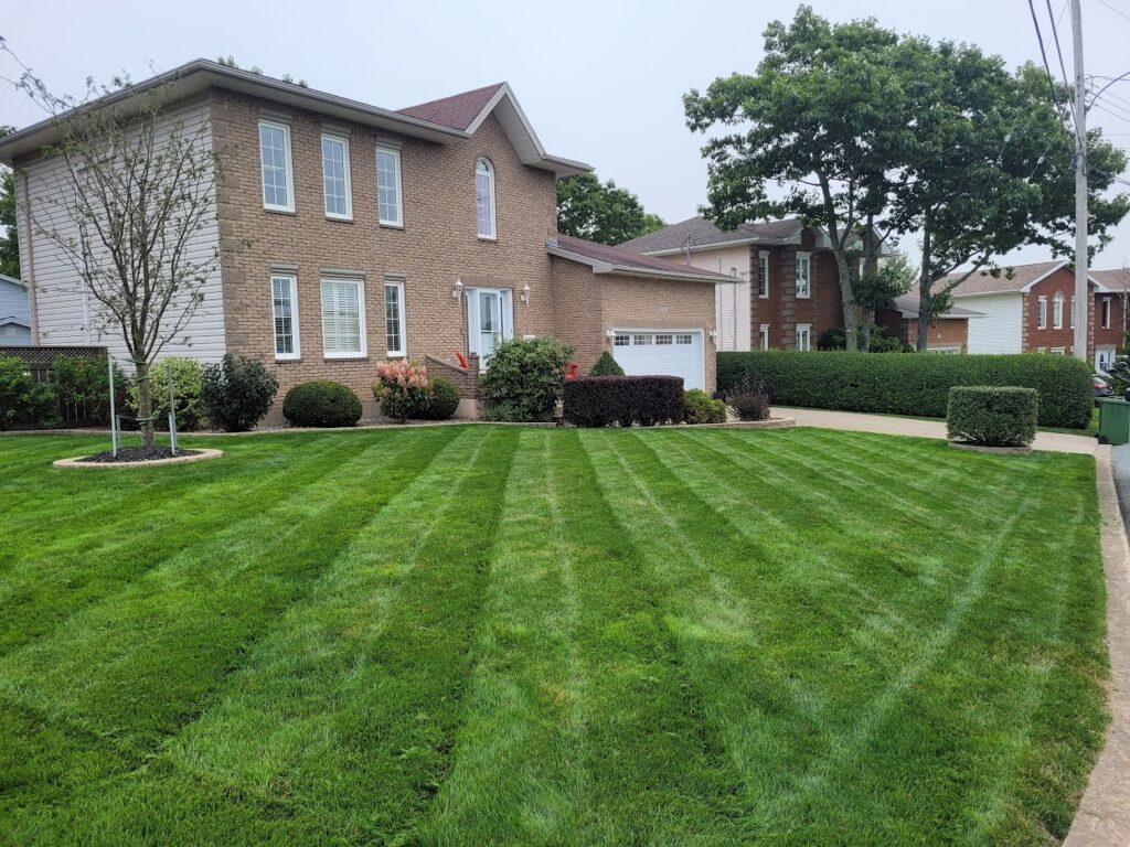 A brick house with a manicured lawn and driveway, surrounded by trees and bushes, under a cloudy sky in a suburban neighborhood.