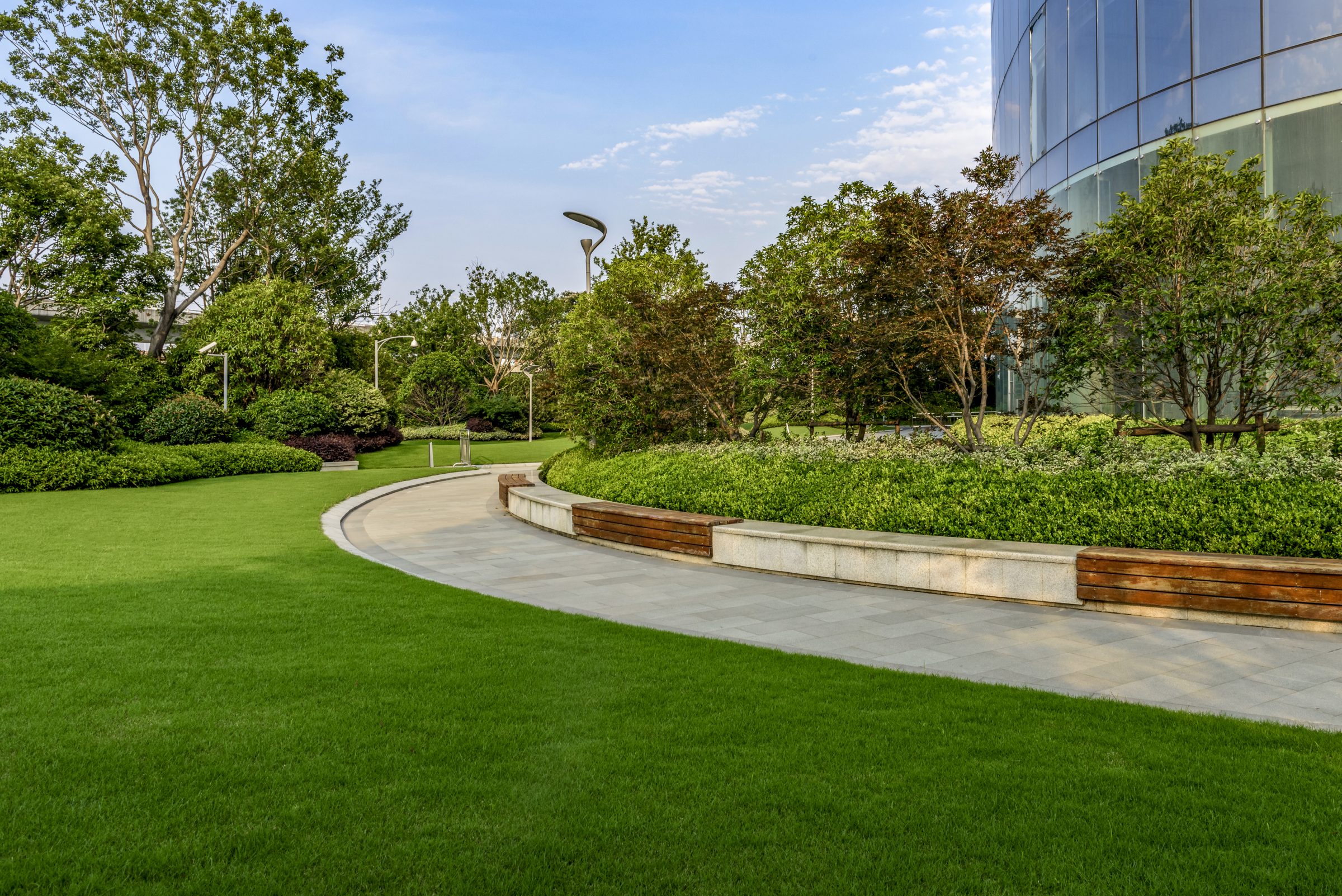 Modern park with green lawns, curved pathways, trees, benches, and large glass building. Bright and inviting daytime scene with clear sky.