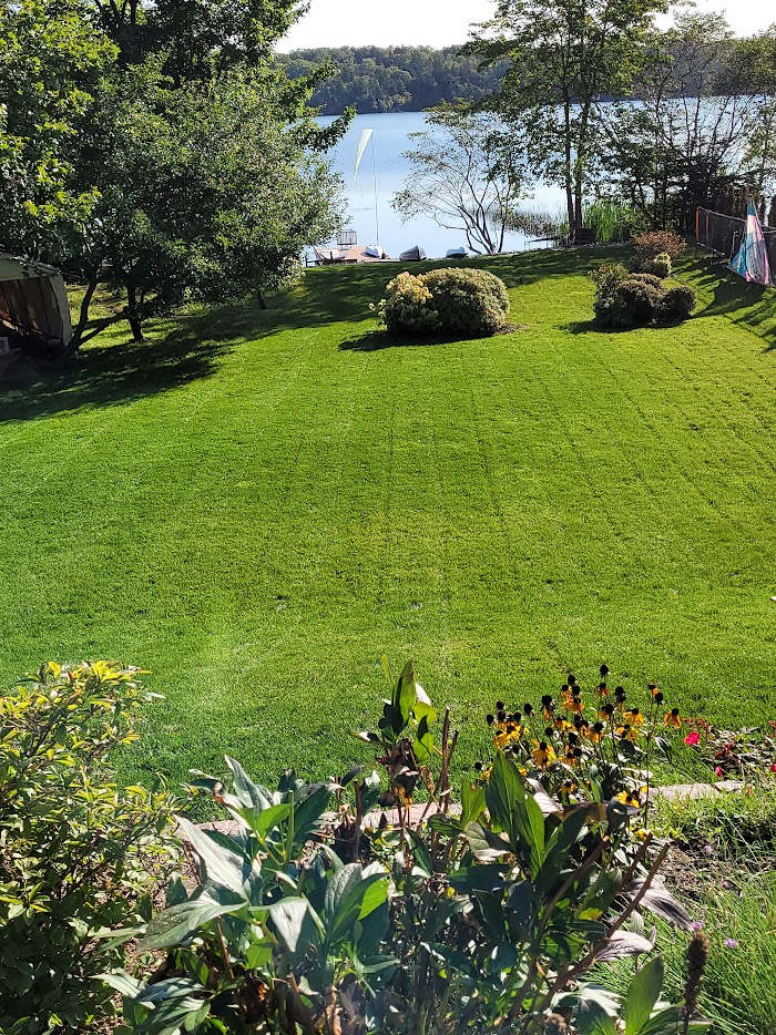 A well-maintained garden leads to a lakeside view, surrounded by trees and colorful flowers, with a serene water backdrop.