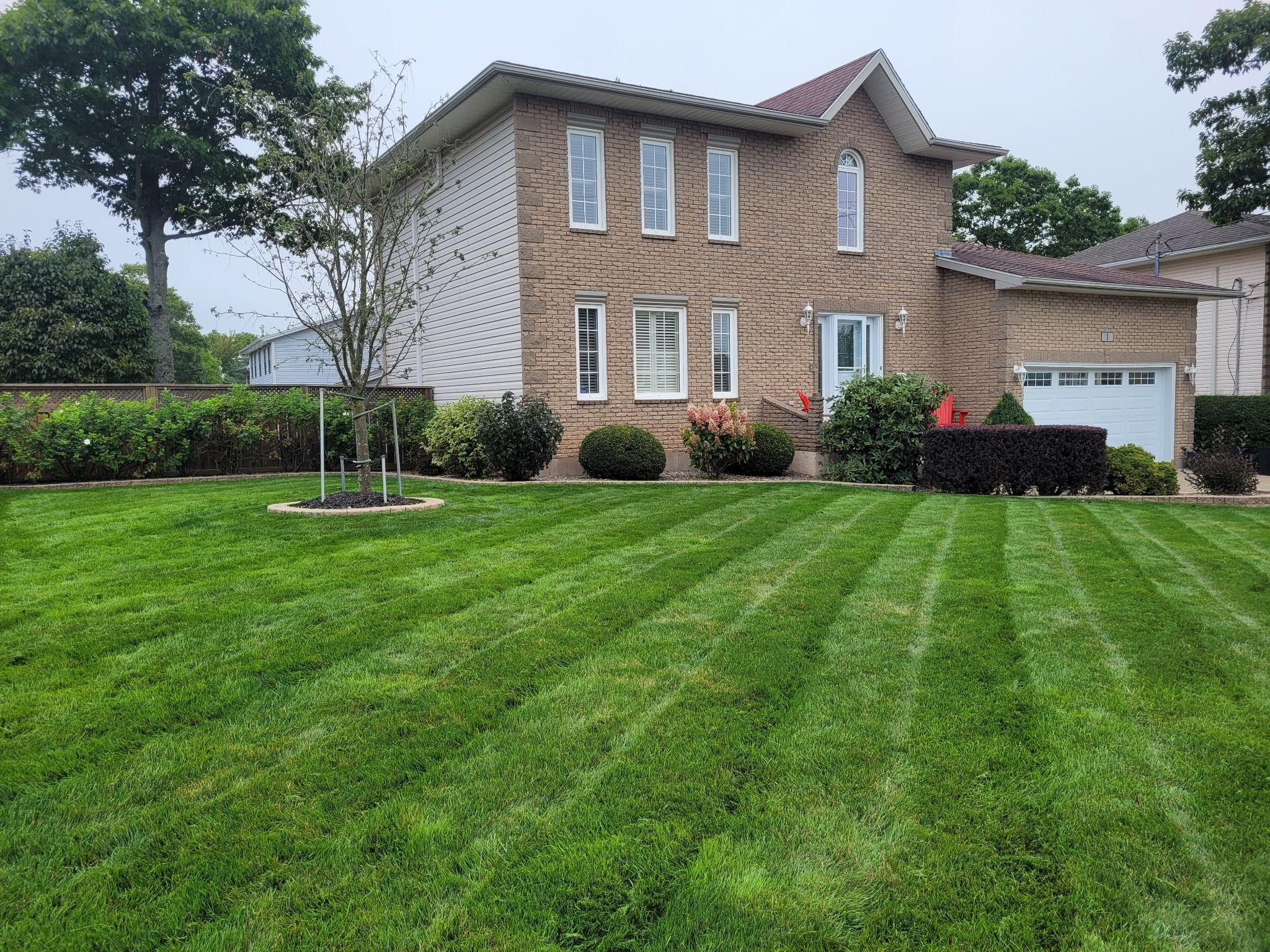 Wide, clean front yard with visible mowing stripes near a two-storey home.