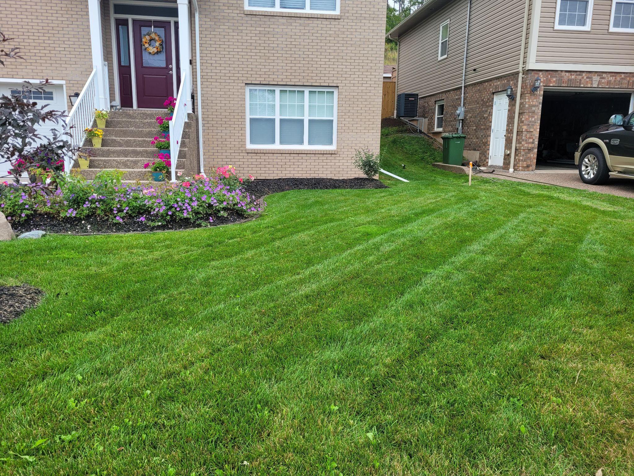 Front lawn with garden bed and blooming flowers near a stairway.