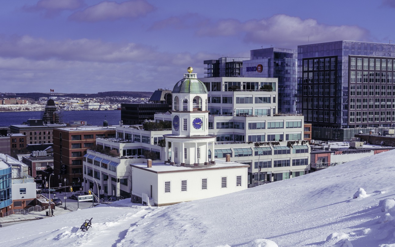 Halifax Town Clocktower in winter snow